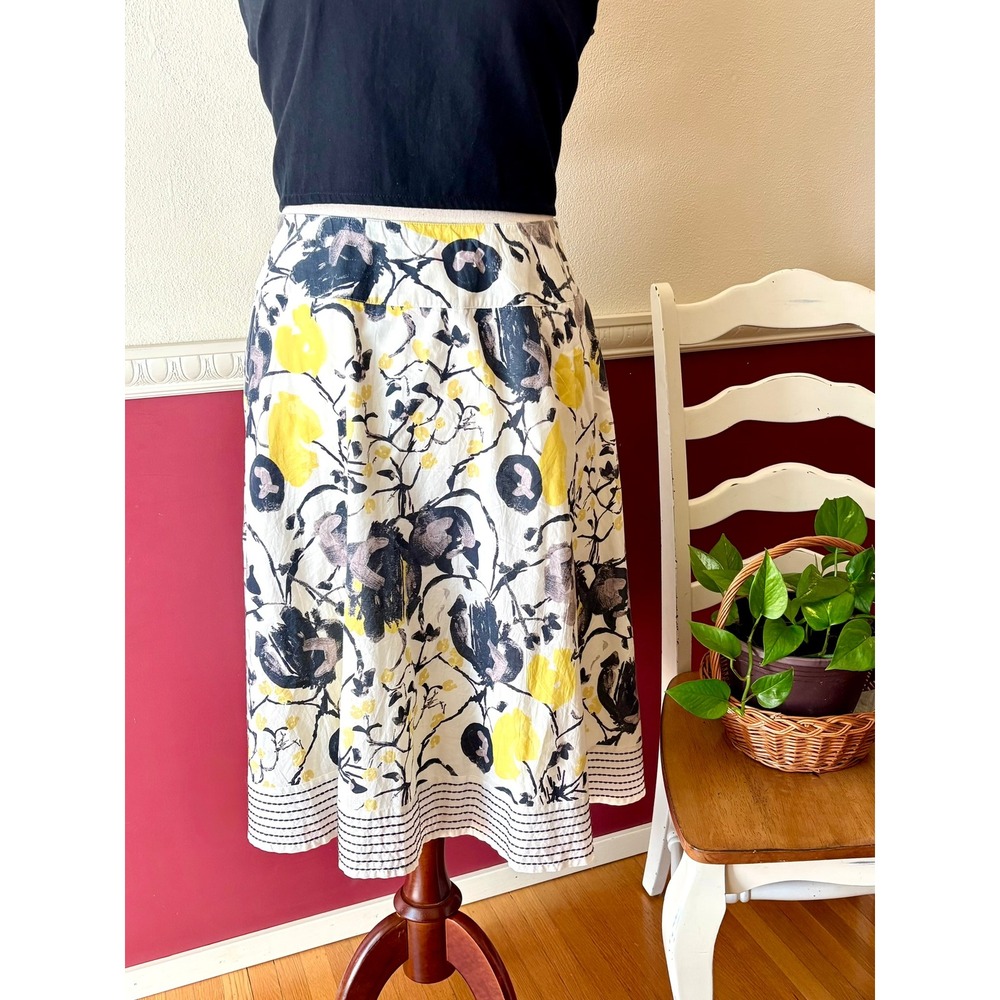 Coldwater Creek Floral A-Line Skirt Yellow Grey Cotton Embroidered Lined Size PL